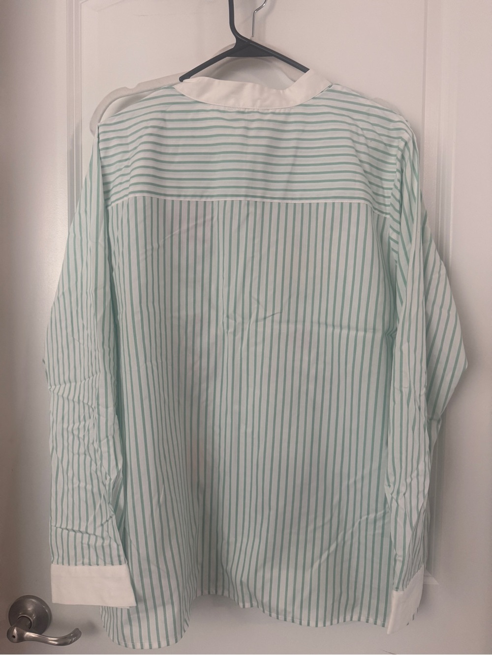 Bob Mackie Mint-Striped Button Front Shirt with White Collar and Pink Embroidery - Picture 3 of 3
